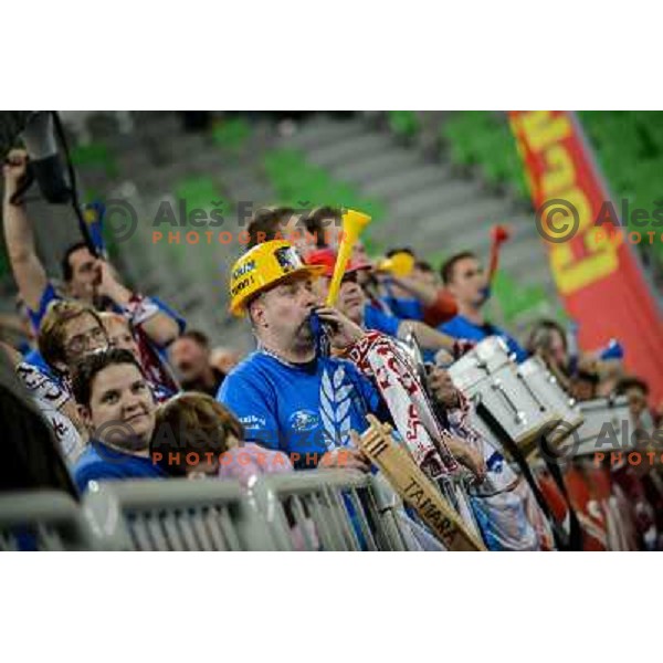 Krim fans in action during handball match Krim Mercator - Podravka in EHF Women\'s Champion league, played in Arena Stozice, Ljubljana, Slovenia on November 18, 2012 