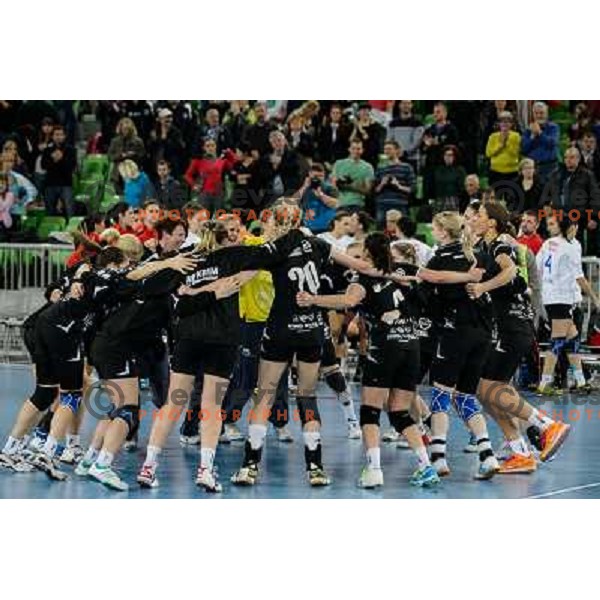 Krim players celebrate victory during handball match Krim Mercator - Podravka in EHF Women\'s Champion league, played in Arena Stozice, Ljubljana, Slovenia on November 18, 2012 