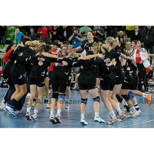 Krim players celebrate victory during handball match Krim Mercator - Podravka in EHF Women\'s Champion league, played in Arena Stozice, Ljubljana, Slovenia on November 18, 2012 