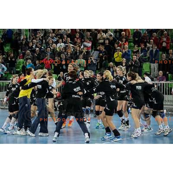 Krim players celebrate victory during handball match Krim Mercator - Podravka in EHF Women\'s Champion league, played in Arena Stozice, Ljubljana, Slovenia on November 18, 2012 