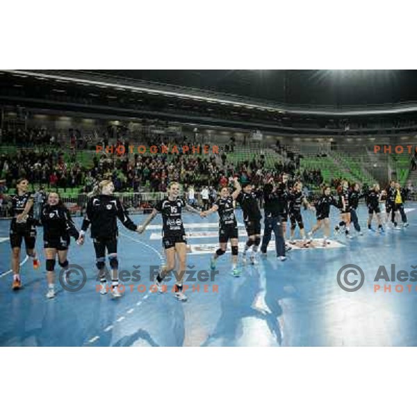 Krim players celebrate victory during handball match Krim Mercator - Podravka in EHF Women\'s Champion league, played in Arena Stozice, Ljubljana, Slovenia on November 18, 2012 