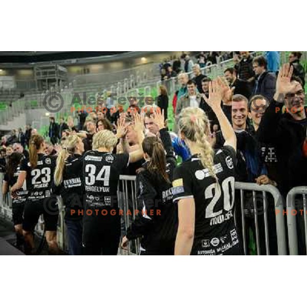 Krim players celebrate victory during handball match Krim Mercator - Podravka in EHF Women\'s Champion league, played in Arena Stozice, Ljubljana, Slovenia on November 18, 2012 