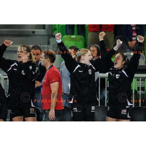 Krim players celebrate victory during handball match Krim Mercator - Podravka in EHF Women\'s Champion league, played in Arena Stozice, Ljubljana, Slovenia on November 18, 2012 