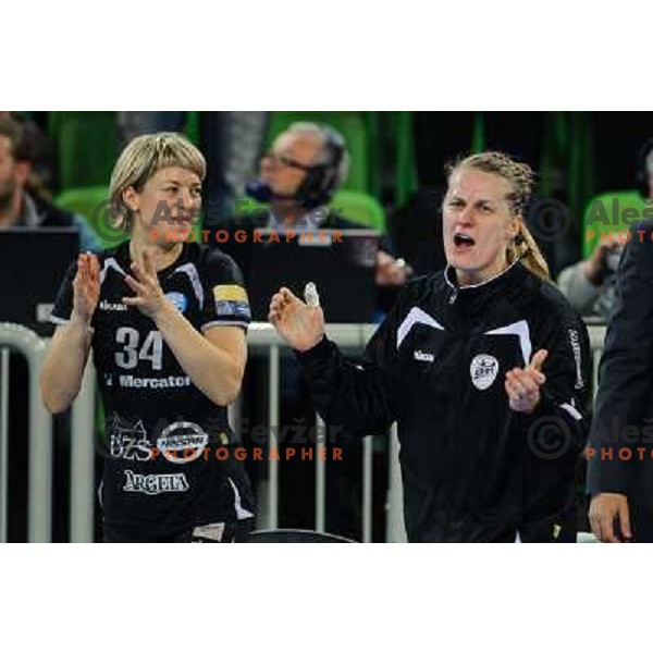 Krim players celebrate victory during handball match Krim Mercator - Podravka in EHF Women\'s Champion league, played in Arena Stozice, Ljubljana, Slovenia on November 18, 2012 