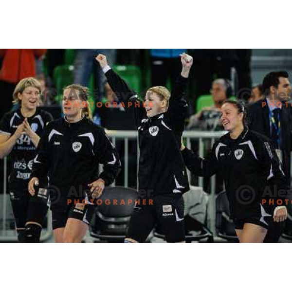Krim players celebrate victory during handball match Krim Mercator - Podravka in EHF Women\'s Champion league, played in Arena Stozice, Ljubljana, Slovenia on November 18, 2012 