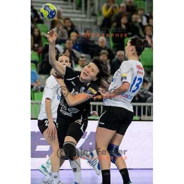 Ljudmila Bodnieva of Krim Mercator in action during handball match Krim Mercator - Podravka in EHF Women\'s Champion league, played in Arena Stozice, Ljubljana, Slovenia on November 18, 2012 