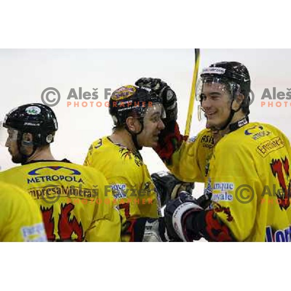 BR Slavija players celebrate first goal during semi-final of Interliga match ZM Olimpija- BR Slavija in Hala Tivoli, Ljubljana, Slovenia 23.1.2007