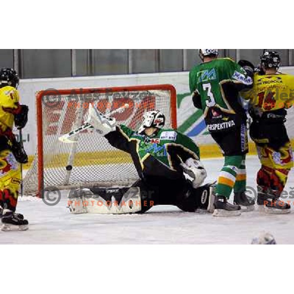 Sila watches puck in his net during semi-final of Interliga match ZM Olimpija- BR Slavija in Hala Tivoli, Ljubljana, Slovenia 23.1.2007