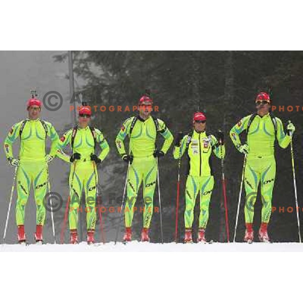 Janez MAric, Jakov Fak,Dokl, Anderja Mali, Teja Gregorin of Slovenia Biathlon team during practice session at Pokljuka Biathlon centre in Slovenia on November 19, 2012 