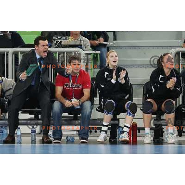 Jaka Kravanja, uros Bregar, Tamara Mavsar of Krim Mercator in action during handball match Krim Mercator - Podravka in EHF Women\'s Champion league, played in Arena Stozice, Ljubljana, Slovenia on November 18, 2012 