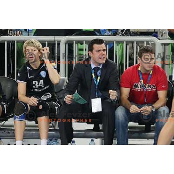 Jaka Kravanja,Uros Bregar of Krim Mercator in action during handball match Krim Mercator - Podravka in EHF Women\'s Champion league, played in Arena Stozice, Ljubljana, Slovenia on November 18, 2012 