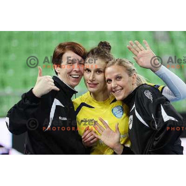 Sergeja Stefanisin, Jelena Grubisic, Gabriella Kain of Krim Mercator in action during handball match Krim Mercator - Podravka in EHF Women\'s Champion league, played in Arena Stozice, Ljubljana, Slovenia on November 18, 2012 