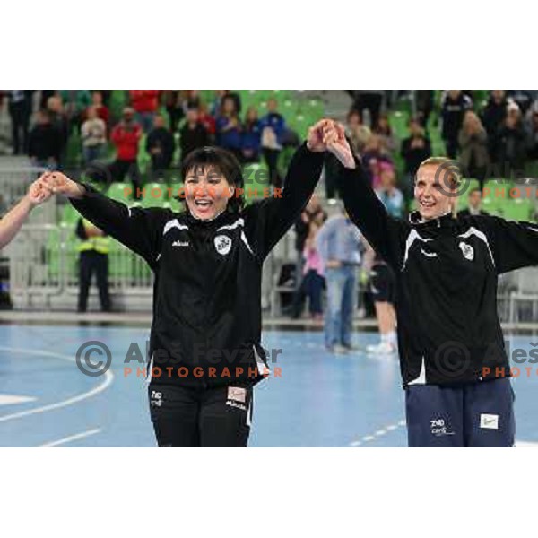 Liudmila Bodnieva and Gabriella Kain of Krim Mercator in action during handball match Krim Mercator - Podravka in EHF Women\'s Champion league, played in Arena Stozice, Ljubljana, Slovenia on November 18, 2012 