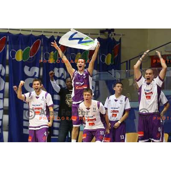 Matej Bratina, Marko Cej,Tomaz Jereb, Ilija Gavric of Maribor Messer in action during basketball match Helios Domzale-Maribor Messer in round 7 of Telemach league, played in Domzale Sports Hall, Slovenia on December1, 2012 