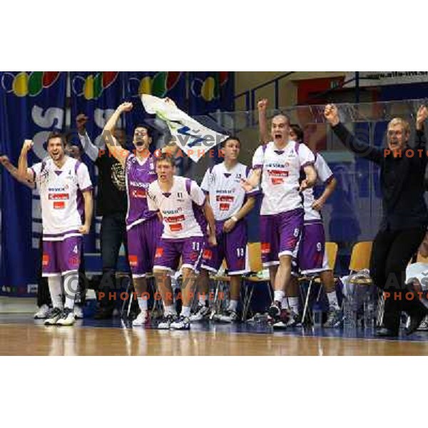 Matej Bratina, Marko Cej,Tomaz Jereb, Ilija Gavric of Maribor Messer in action during basketball match Helios Domzale-Maribor Messer in round 7 of Telemach league, played in Domzale Sports Hall, Slovenia on December1, 2012 