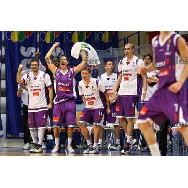 Matej Bratina, Marko Cej,Tomaz Jereb, Ilija Gavric of Maribor Messer in action during basketball match Helios Domzale-Maribor Messer in round 7 of Telemach league, played in Domzale Sports Hall, Slovenia on December1, 2012 