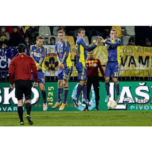 Ales Mertelj, Robert Beric, Timotej Dodlek, Agim Ibraimi of Nk Maribor in action during football match Maribor - Lazio, UEFA Europa league 2012-2013 Group Stage, Ljudski Vrt, Maribor, 06.12.2012 