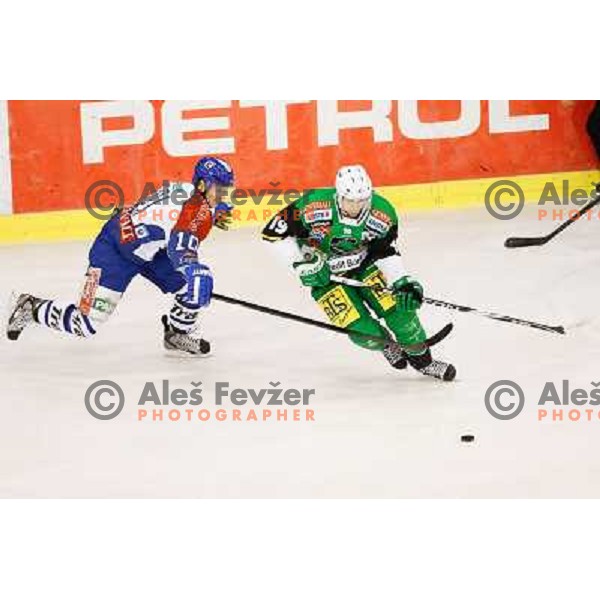 Ziga Pance of Telemach Olimpija and Tomislav Zanoski of Medvescak Zagreb in action during ice hockey match Telemach Olimpija Ljubljana- KHL Medvescak Zagreb in round 28 of Ebel league 2012/13 played in Hala Tivoli, Ljubljana, Slovenia on December 7th , 20