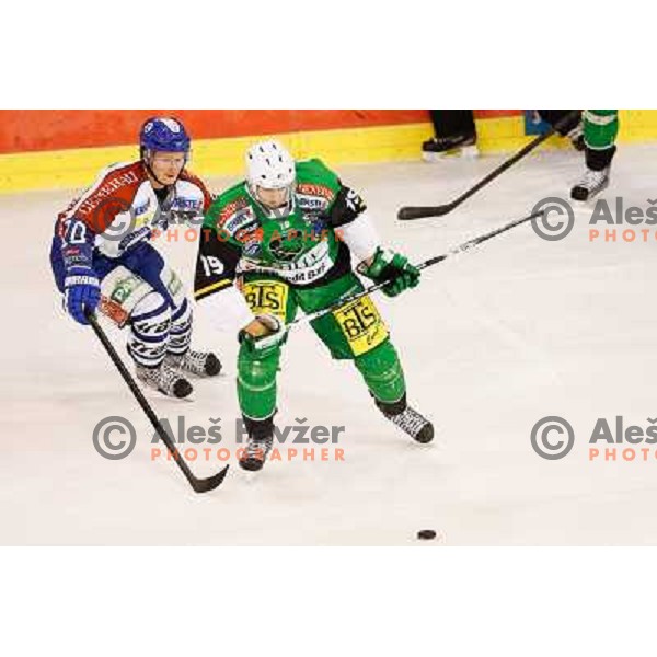 Ziga Pance of Telemach Olimpija and Tomislav Zanoski of Medvescak Zagreb in action during ice hockey match Telemach Olimpija Ljubljana- KHL Medvescak Zagreb in round 28 of Ebel league 2012/13 played in Hala Tivoli, Ljubljana, Slovenia on December 7th , 20