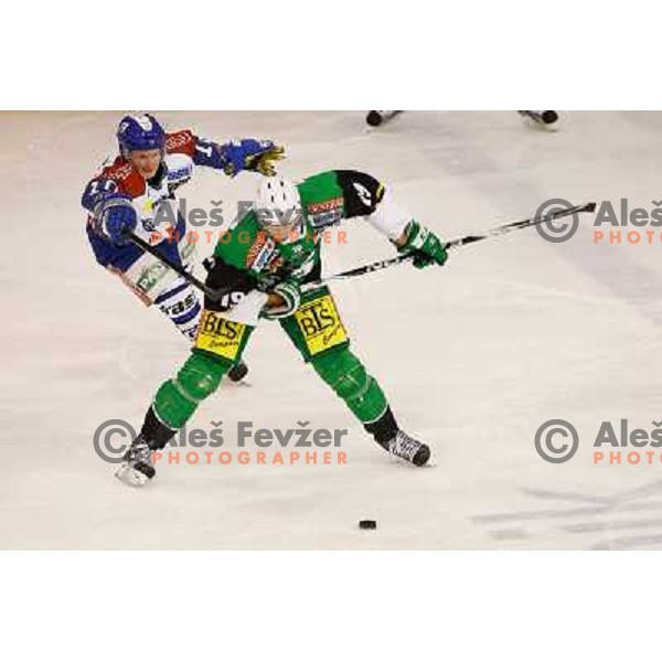 Ziga Pance of Telemach Olimpija and Tomislav Zanoski of Medvescak Zagreb in action during ice hockey match Telemach Olimpija Ljubljana- KHL Medvescak Zagreb in round 28 of Ebel league 2012/13 played in Hala Tivoli, Ljubljana, Slovenia on December 7th , 20