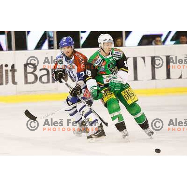 Ken Ograjensek of Telemach Olimpija and Dustin Jeffrey of Medvescak Zagreb in action during ice hockey match Telemach Olimpija Ljubljana- KHL Medvescak Zagreb in round 28 of Ebel league 2012/13 played in Hala Tivoli, Ljubljana, Slovenia on December 7th ,