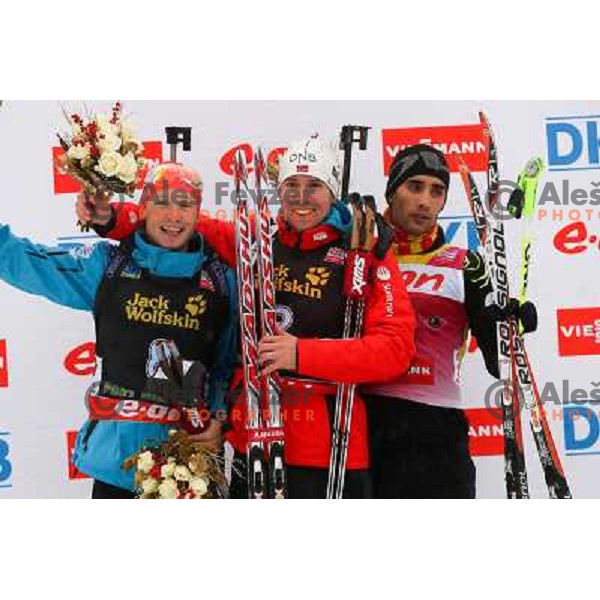 Ondrej Moravec, Emil Hegle Svendsen, Martin Fourcade during E.On IBU World Cup Biathlon Men 12.5km Pursuit, Pokljuka, slovenia on December 15, 2012, 