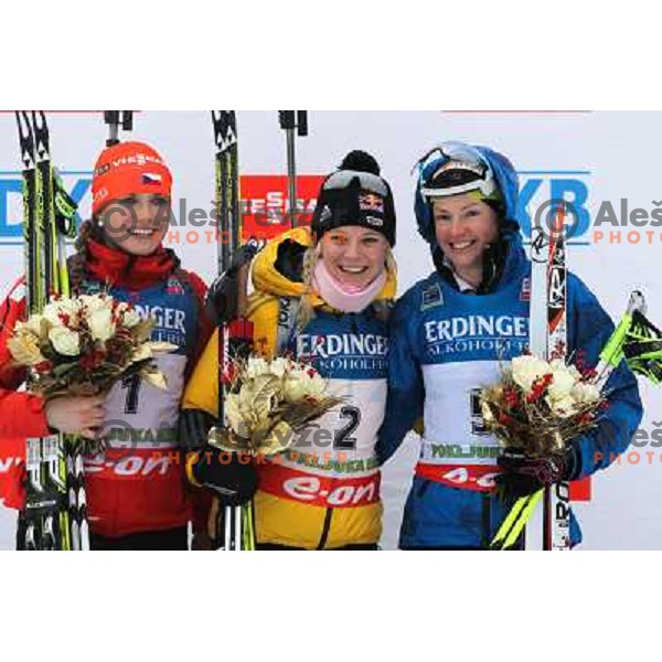 Soukalova Gabriela, Miriam Gossner and Dorin Habert Marie during E.On IBU World Cup Biathlon, Pokljuka, Slovenia on December 15, 2012 