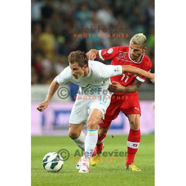 Valter Birsa of Slovenia and Valon Behrami of Switzerland during football match Slovenia-Switzerland in group E in FIFA 2014 World Cup Brasil Qualifiers, played in Arena Stozice, Ljubljana, Slovenia on September 7, 2012 