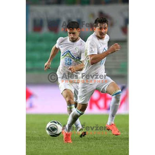 Bojan Jokic and Andraz Kirm of Slovenia during football match Slovenia-Switzerland in group E in FIFA 2014 World Cup Brasil Qualifiers, played in Arena Stozice, Ljubljana, Slovenia on September 7, 2012 