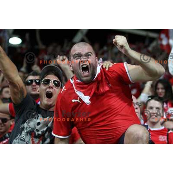 Fans of Switzerland during football match Slovenia-Switzerland in group E in FIFA 2014 World Cup Brasil Qualifiers, played in Arena Stozice, Ljubljana, Slovenia on September 7, 2012 
