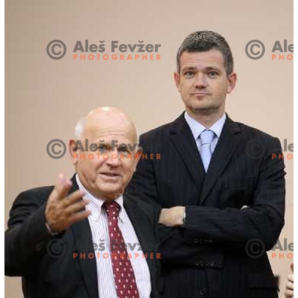 Janez Kocijancic, Tomaz Berlocnik, CEO of Petrol during press conference of Petrol donation to young slovenian sportsmen under Olympic Comittee patronage in Ljubljana, Slovenia on October 23, 2012 