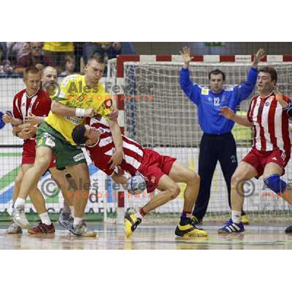 Miladin Kozlina stops Crvena zvezda attack at EHF Championsleague match Celje Pivovarna Lasko- Crvena Zvezda in Zlatorog Hall, Celje 6.11.2004