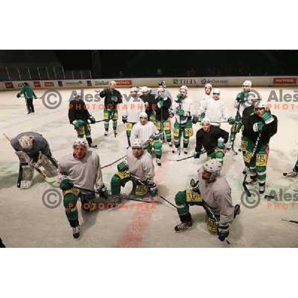 Players of Telemach Olimpija during ice-hockey practice session before Telemach ice-fest winter classic matches at open-air Joze Plecnik Bezigrad Stadium in Ljubljana, Slovenia on January 3, 2013 