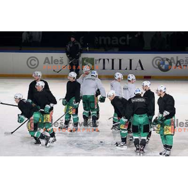 Players of Telemach Olimpija during ice-hockey practice session before Telemach ice-fest winter classic matches at open-air Joze Plecnik Bezigrad Stadium in Ljubljana, Slovenia on January 3, 2013 
