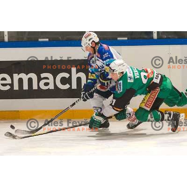 John Hughes of EC VSV and Miha Verlic of Telemach Olimpija in action during Icefest on open-air Joze Plecnik Bezigrad stadion in Ljubljana, Slovenia on January 4th, 2013 
