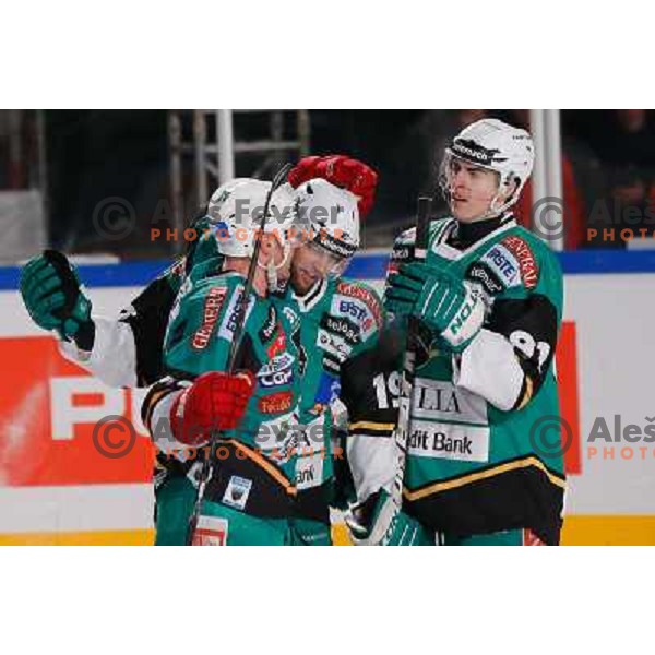 Jan Mursak, Miha Verlic and Ziga Pance of Telemach Olimpija in action during Icefest 2013 open-air hockey match played on Joze Plecnik Bezigrad stadion in Ljubljana, Slovenia on January 6th, 2013 