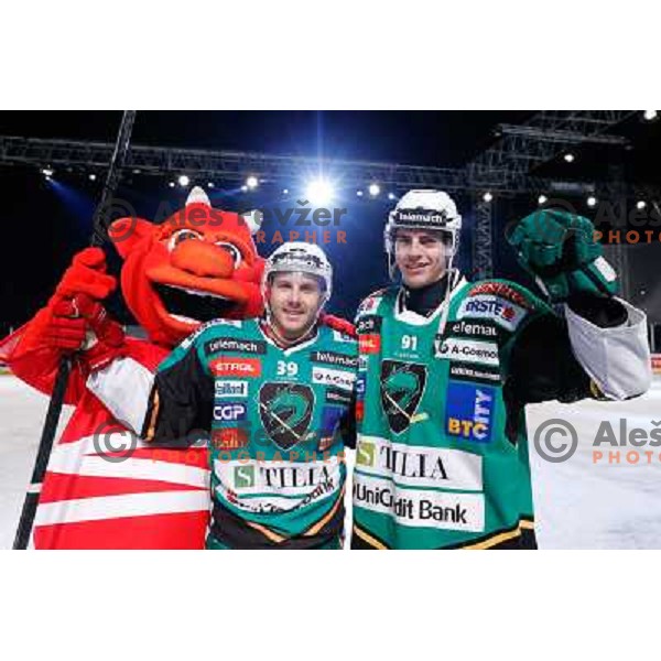 Jan Mursak and Miha Verlic of Telemach Olimpija in action during Icefest 2013 open-air hockey match played on Joze Plecnik Bezigrad stadion in Ljubljana, Slovenia on January 6th, 2013 