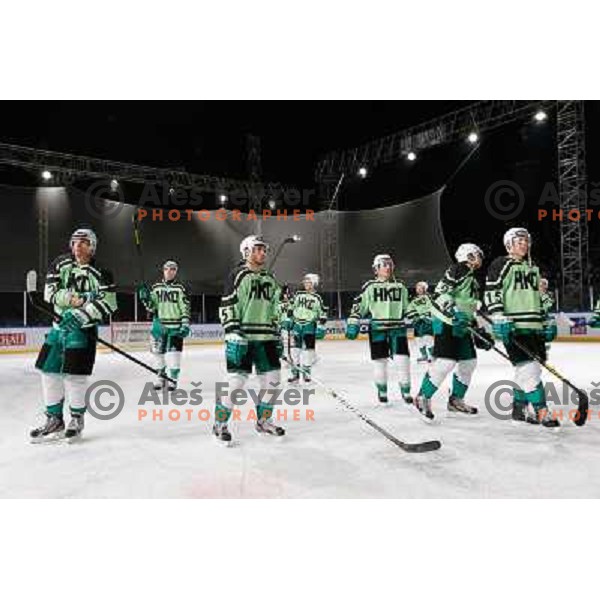Team of Telemach Olimpija in action during Icefest 2013 open-air hockey match played on Joze Plecnik Bezigrad stadion in Ljubljana, Slovenia on January 8th, 2013 