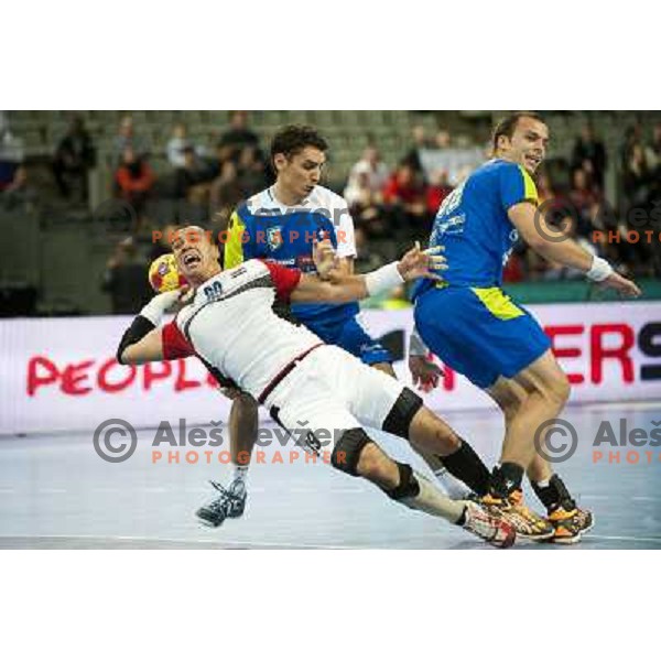 Jure Dobelsek, Uros Bundalo of Slovenia in action during eight-final of handball World Cup 2013 match Slovenia-Egypt in Barcelona, Spain on January 21, 2013 