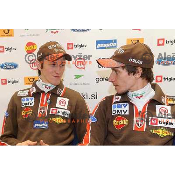 Peter Prevc and Robi Kranjec of Slovenia Ski jumping team during press conference in Ljubljana on January 22,2013 