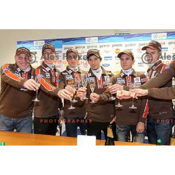 Coach Gorna Janus, Peter Prevc, Jurij Tepes,Robi Kranjec, Jernej Damjan,Matjaz Pungertar of Slovenia Ski jumping team during press conference in Ljubljana on January 22,2013 