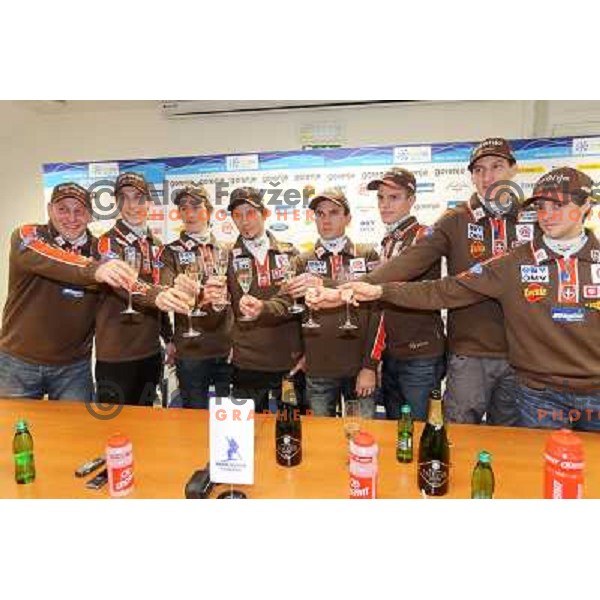Coach Gorna Janus, Peter Prevc, Jurij Tepes,Robi Kranjec, Jernej Damjan,Matjaz Pungertar,Nejc Dezman, Tomaz Naglic of Slovenia Ski jumping team during press conference in Ljubljana on January 22,2013 
