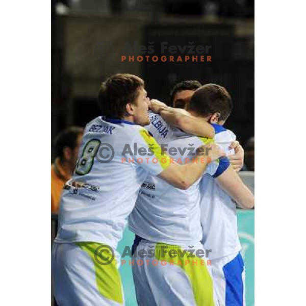 Marko Bezjak, Nenad Bilbija and Players of Slovenia celebrate victory 28-27 in eight-final match between Slovenia and Russia at Handball World Championships 2013 in Barcelona, Spain on January 23, 2013 
