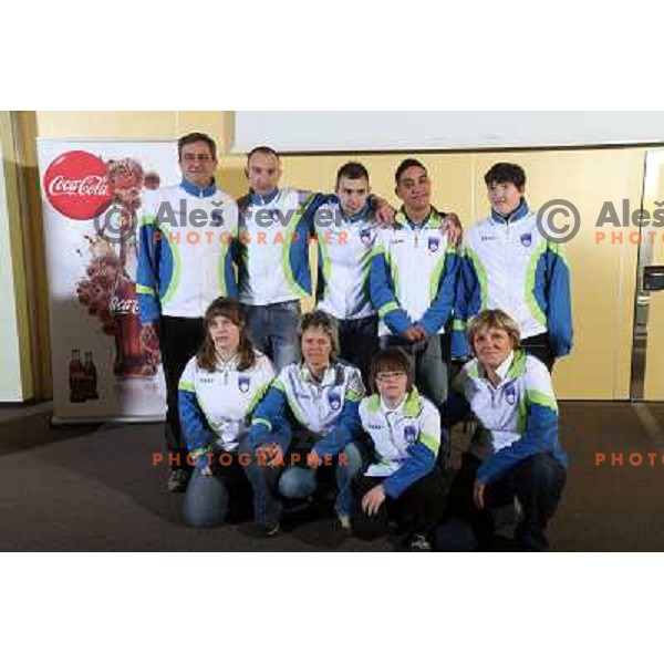 Ljubomir Milicevic and members of alpine ski team at Press conference of Slovenia Special Olympics team in hotel Mons, Ljubljana on January 24, 2013 before departure to World Winter Games in PyeongChang 2013 in South Korea. 