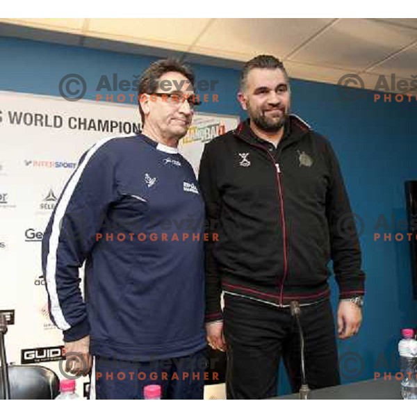 Valero Rivera, head coach of Spain and Boris Denic, head coach of Slovenia at press conference before semifinal matches at Handball World Championships 2013 in Barcelona, Spain on January 24, 2013 