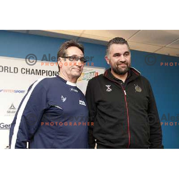 Valero Rivera, head coach of Spain and Boris Denic, head coach of Slovenia at press conference before semifinal matches at Handball World Championships 2013 in Barcelona, Spain on January 24, 2013 