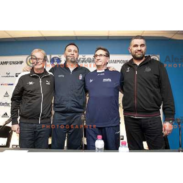 Ulrik Wilbek, head coach of Denmark, Slavko Goluza, head coach of Croatia ,Valero Rivera, head coach of Spain and Boris Denic, head coach of Slovenia at press conference before semifinal matches at Handball World Championships 2013 in Barcelona, Spain on 