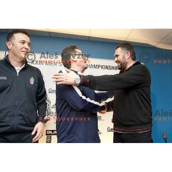Slavko Goluza, head coach of Croatia ,Valero Rivera, head coach of Spain and Boris Denic, head coach of Slovenia at press conference before semifinal matches at Handball World Championships 2013 in Barcelona, Spain on January 24, 2013 