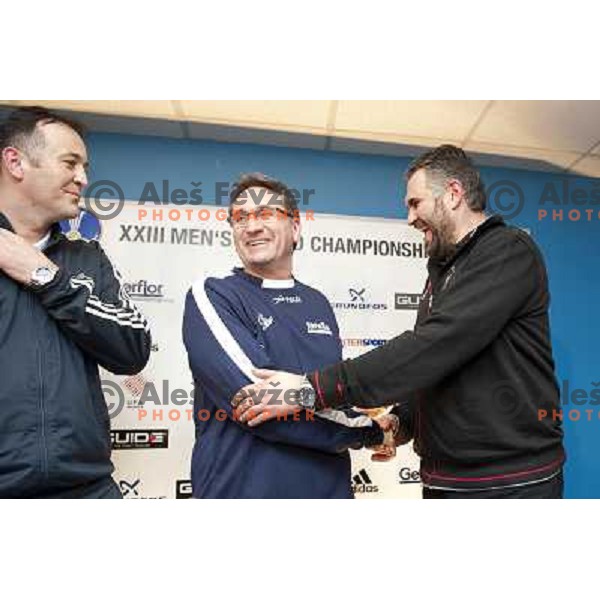 Slavko Goluza, head coach of Croatia ,Valero Rivera, head coach of Spain and Boris Denic, head coach of Slovenia at press conference before semifinal matches at Handball World Championships 2013 in Barcelona, Spain on January 24, 2013 