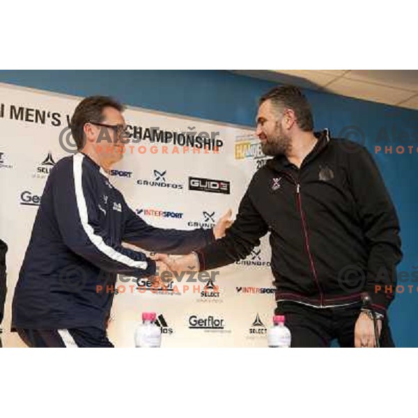 Valero Rivera, head coach of Spain and Boris Denic, head coach of Slovenia at press conference before semifinal matches at Handball World Championships 2013 in Barcelona, Spain on January 24, 2013 